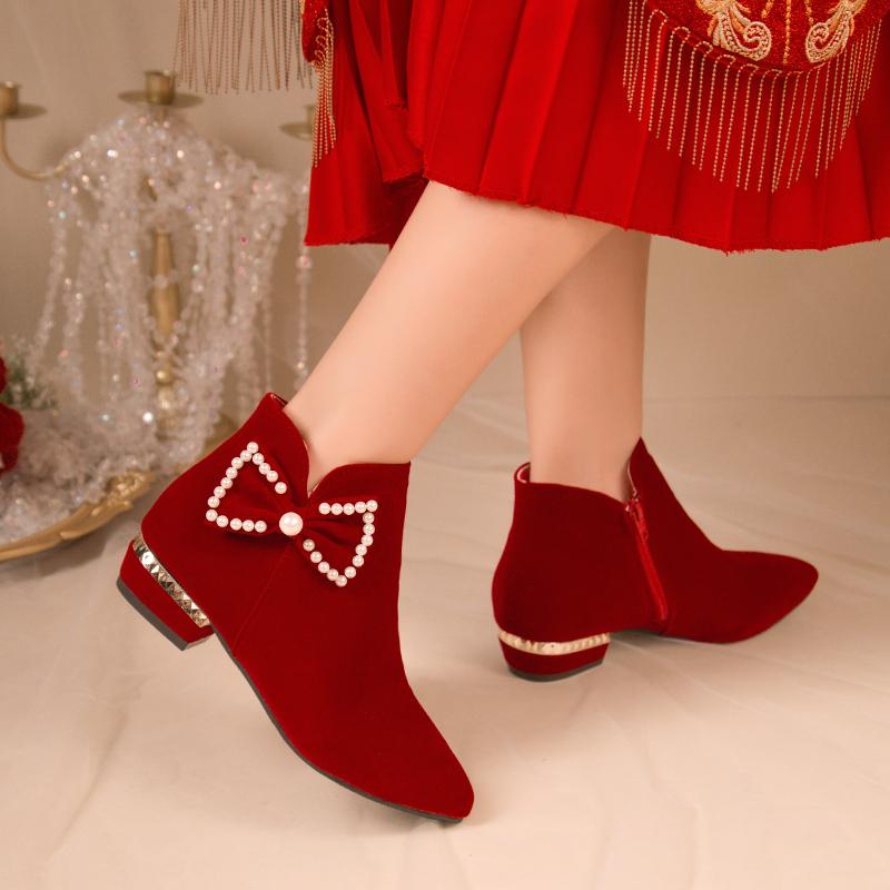 Winter New Thick Heel Cotton Boots Women Pointed Suede Side Zipper Butterfly Knot Short Tube Wedding Shoes