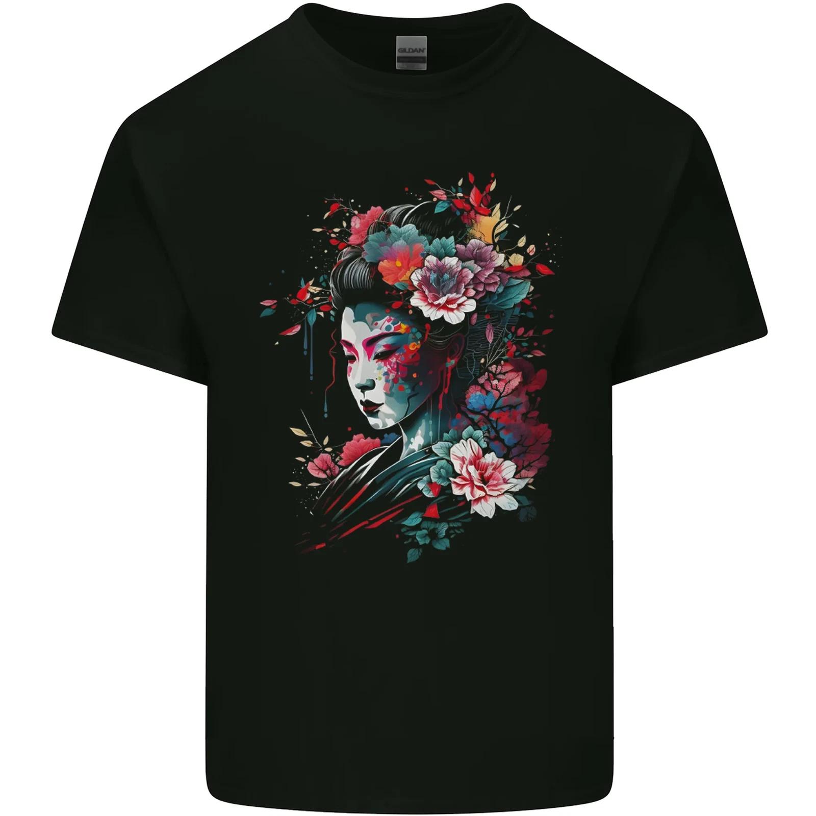 An Artistic Geisha Lady With Flowers Kids T-Shirt Childrens XL