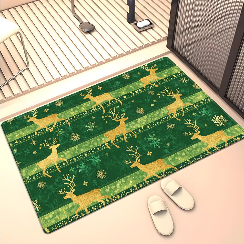 

Green Christmas Reindeer Snowflake Crystal Velvet Rug for Holiday Season Festive Home Decor Winter Themed Anti Slip Floor Mat 50x 80cm
