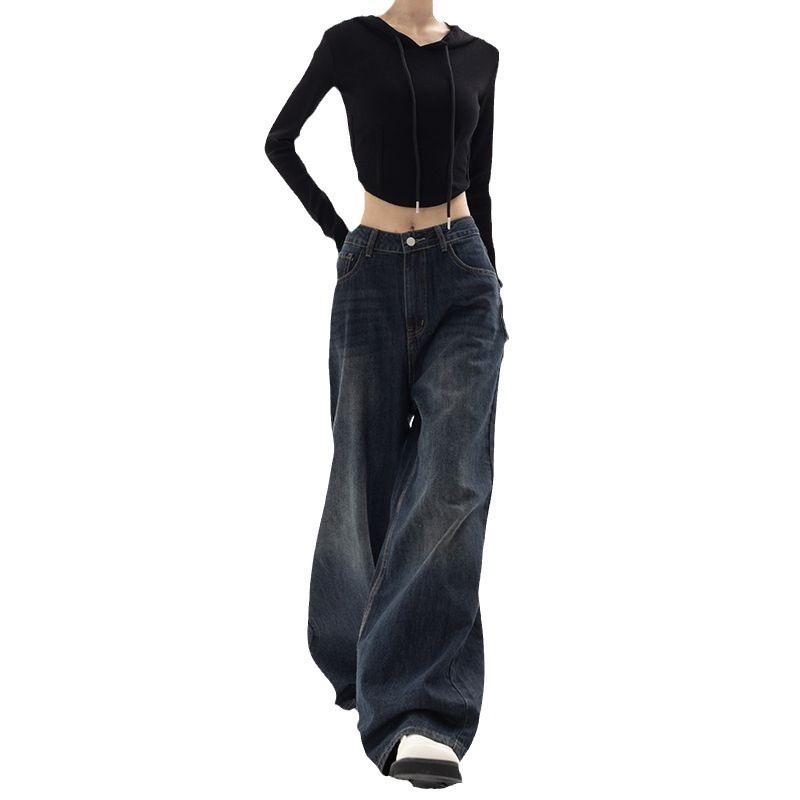 American Retro Street Style Wide-Leg Pants Design Sense Niche Blue Floor-Length High-Waisted Loose High-Waisted Jeans for Women