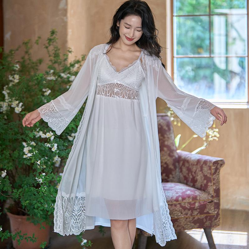 French Court-Style Long Sleeve Camisole Sleep Dress with Bra Pads - Two-Piece Fairy Home Wear Set
