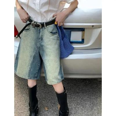 Woman Man Vintage Gradient Jeans Women 2024 Summer New Straight Knee Length Shorts Y2k Grunge High Waist Loose Wide Leg Pants