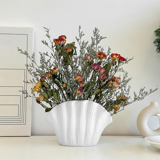 White Vinyl Shell Flower Vase Modern Pleated Flower Holder Container Home Office Table Centerpiece
