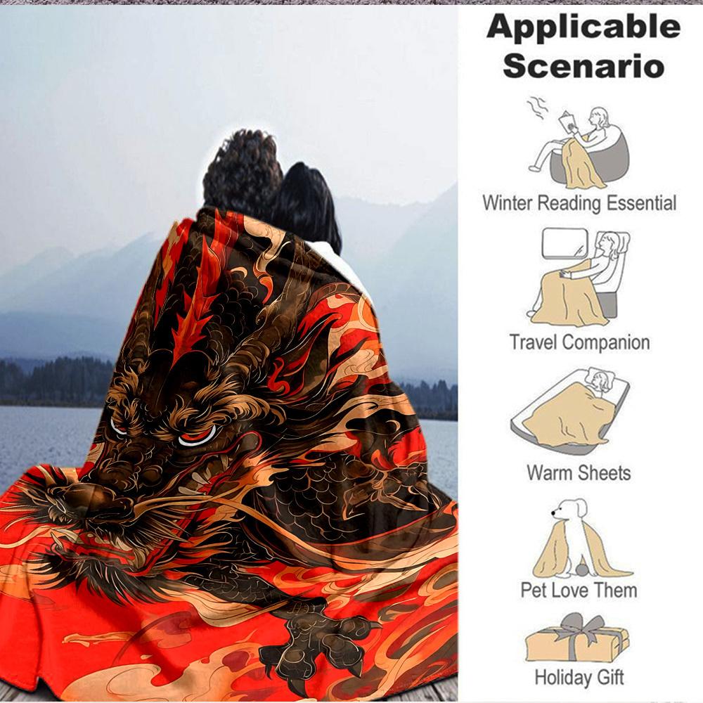 1pc Dragon Print Blanket - Lightweight Flannel Fleece with Digital Printing, Soft Warm for Sofa, Travel, Camping, Office yy251018315