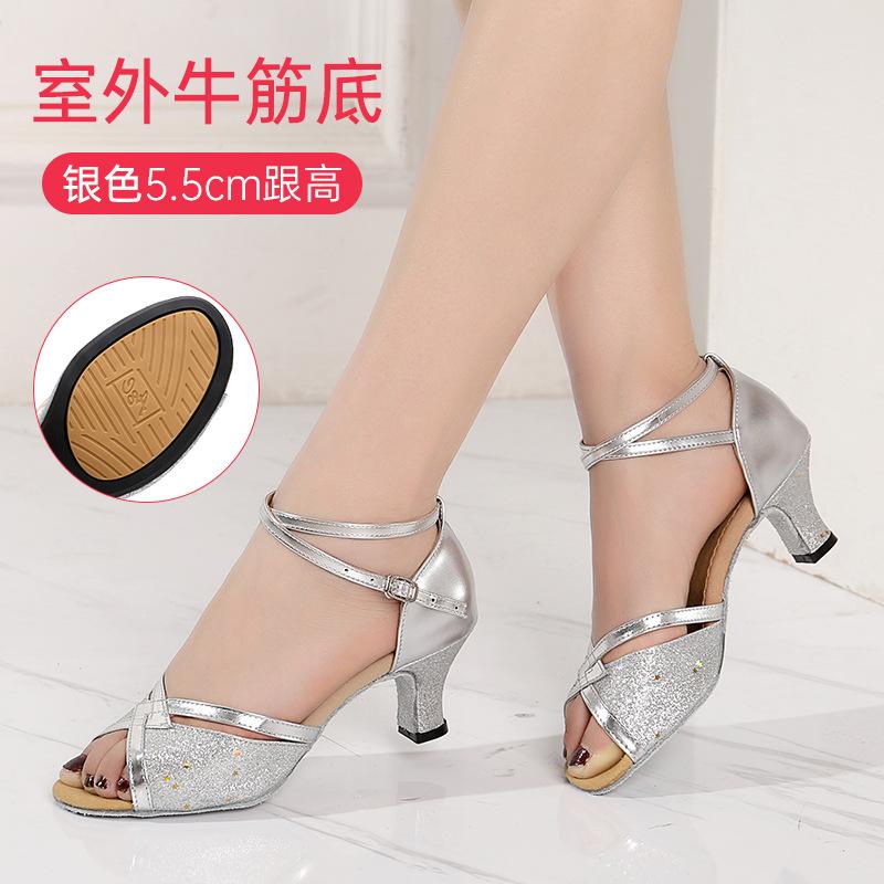 Girls Dance Shoes Sequined Latin Dance Shoes Open Toe Sandals High Heels Crystal Sparkling Standard Dance Shoes