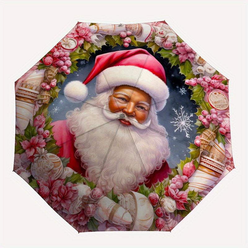 Santa Claus, Christmas wreath Theme 8 Bone Hand Automatic Folding Umbrella, Compact and Portable Design, A Perfect Gift for Birthday, Christ