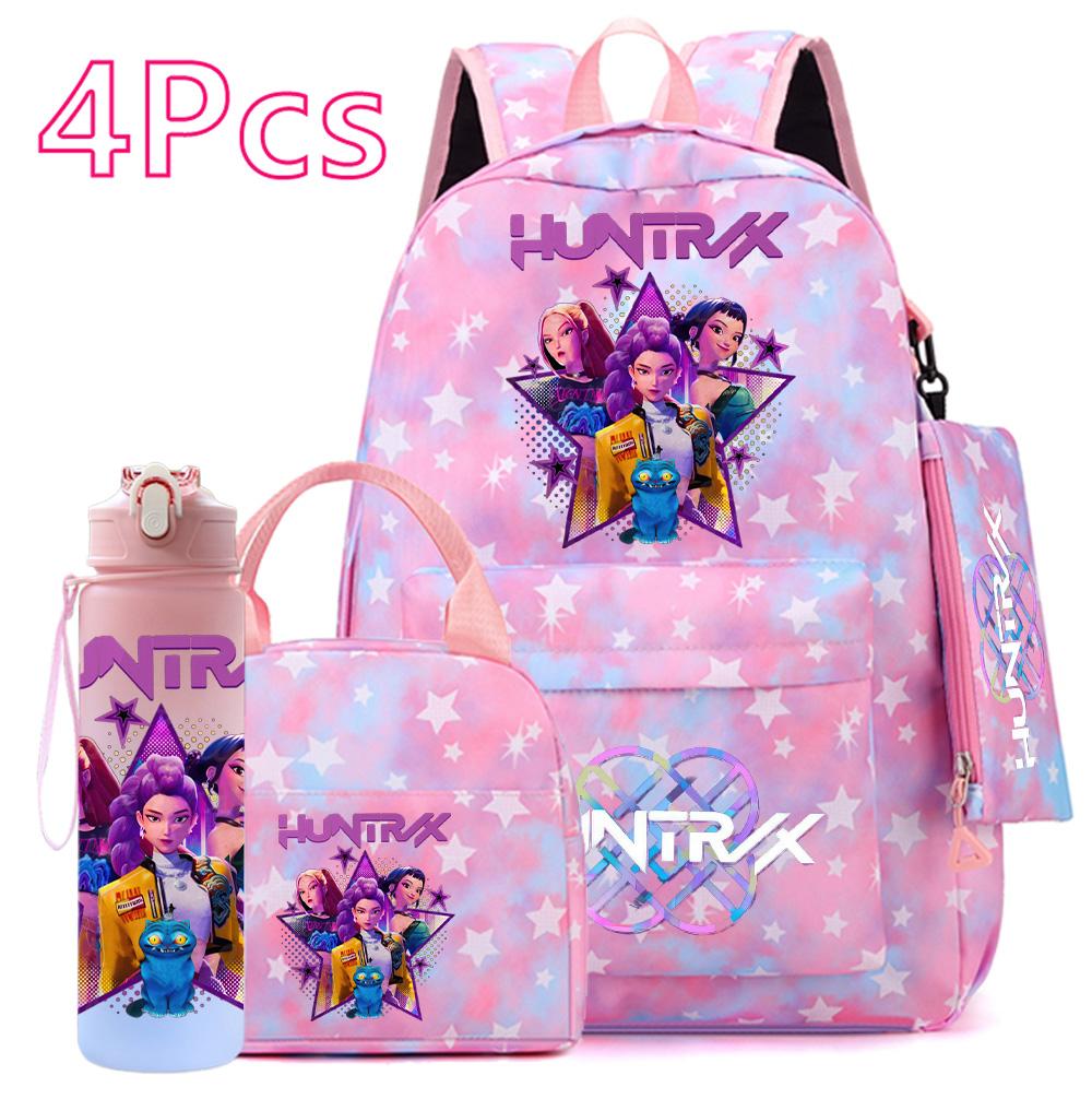 4Pcs/set Anime Cute Printed Backpack Large Capacity Bookbag HandBag Case Bag with 750ml Water Bottler Boy Girl SchoolBag Waterproof Mochila