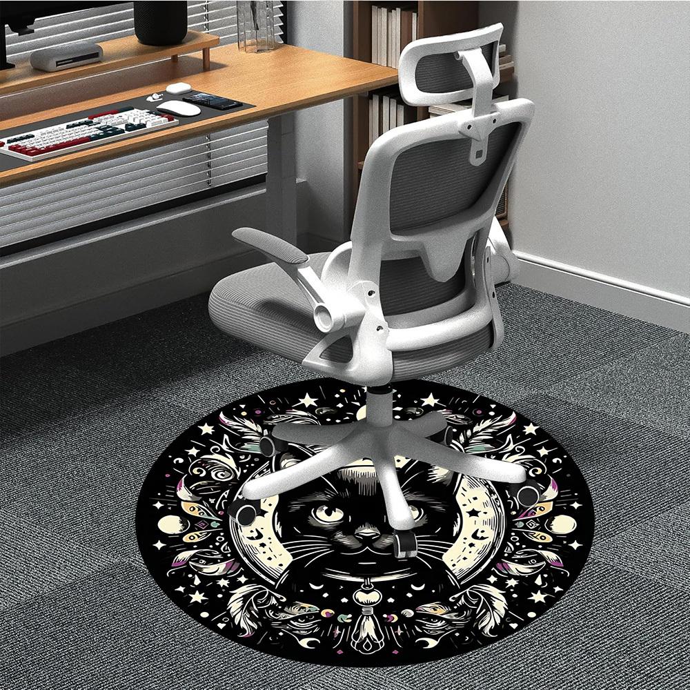 1 szt. Okrągły dywanik biurowy z kotem i księżycem, Mata odpowiednia do biura, Pod krzesła biurowe, Sypialni, Salonu, Wystroju domu, Dekoracja pokoju