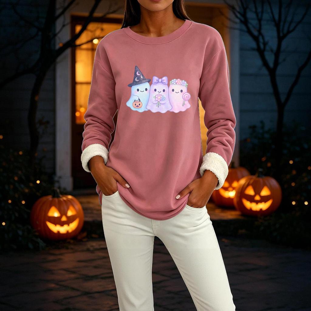 Women's Halloween Print -Lined Long Sleeve Round Neck Sweatshirt for Winter Casual Wear