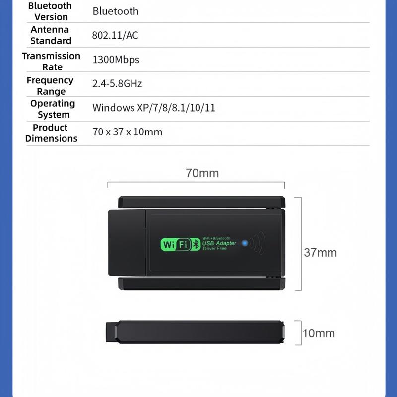 1300Mbps USB Adapter WiFi 6 Bluetooth 5.3 Network Card Dual Band 2.4G/5GHz Driver Free Wireless Receiver for Desktop Laptop PC