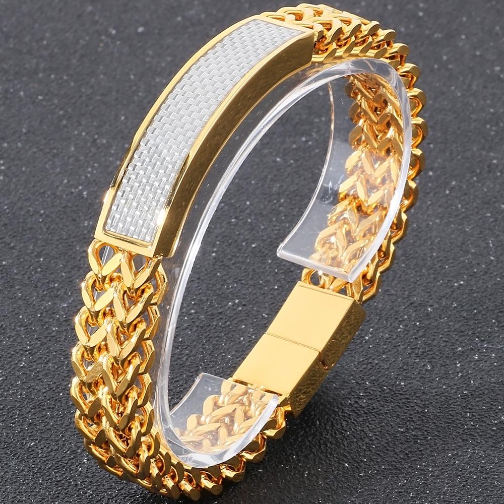 Luxury Never Fade Gold Color Stainless Steel Men's Bangle Bracelet with Magnet Clasp Birthday Jewelry Gifts for Boys Engravable