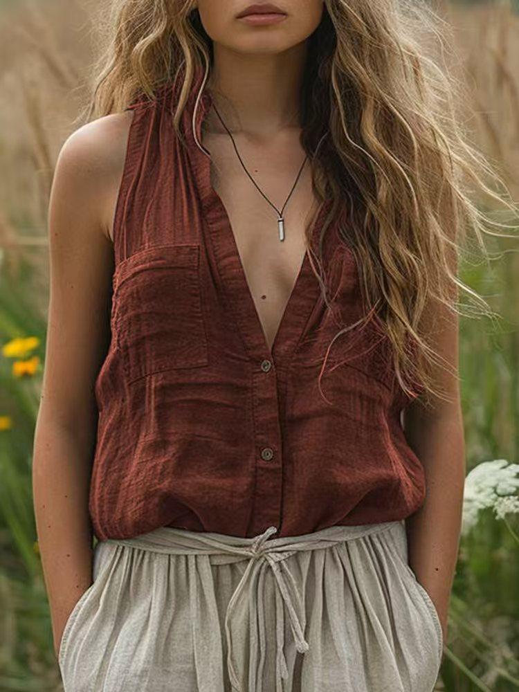 Women s Sleeveless Deep V-Neck Button Front Shirt in Multiple Colors S коричневый