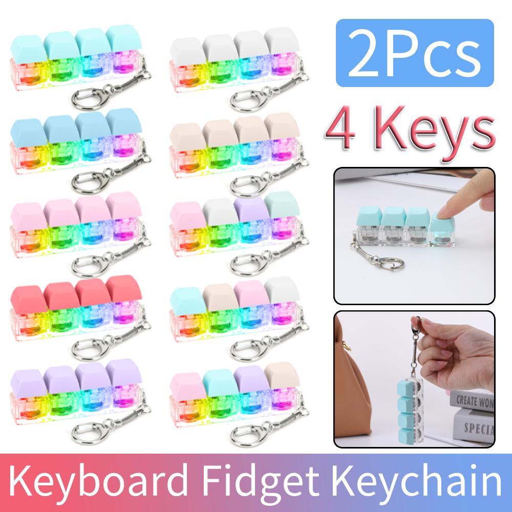 2Pcs 4 Keys Keyboard Fidget Keychain Keyboard Decompression with LED Light Keyboard Clicker DIY Button To Relief Pass The Time