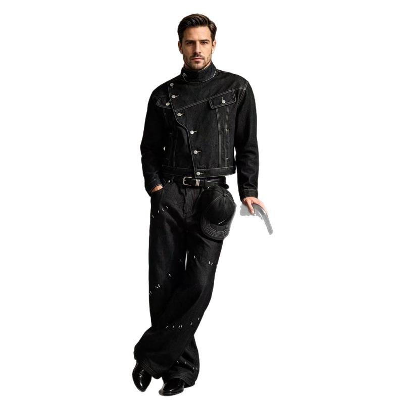 American retro black stand-up collar slanted denim jacket men's ruffian handsome locomotive short jacket