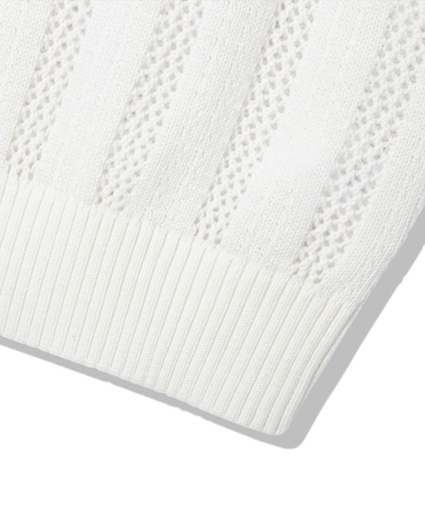 TRILLION Striped Curly Button Collar Short Sleeve Knit [Ivory]