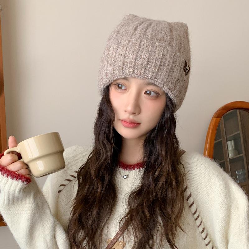 Sweet and Cute Cat Ear Knitted Wool Hat for Women In Autumn and Winter Versatile Big Head Surround Brim Hat Casual Warm Hat Trendy