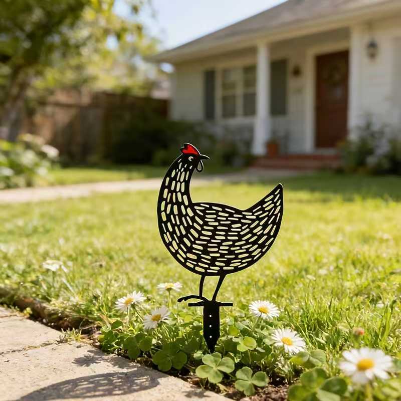 1pc Black Hollowed-Out Rooster Signboard Creative Garden Chicken Decorative Card Lawn Garden Decoration Accessories