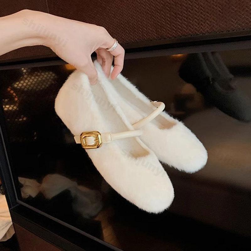 Fashion Women's Ballet Plush Shoes Autumn New Vintage Buckle Strap Mary Jane Shoes Lightweight Comfortable Non Slip Fashion Single Shoes
