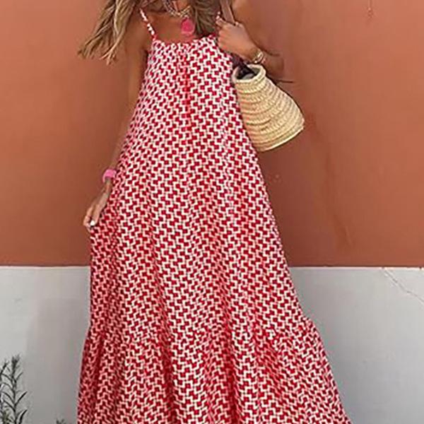Bohemian Ruffle Edge Spaghetti Strap V-Neck Long Dress
