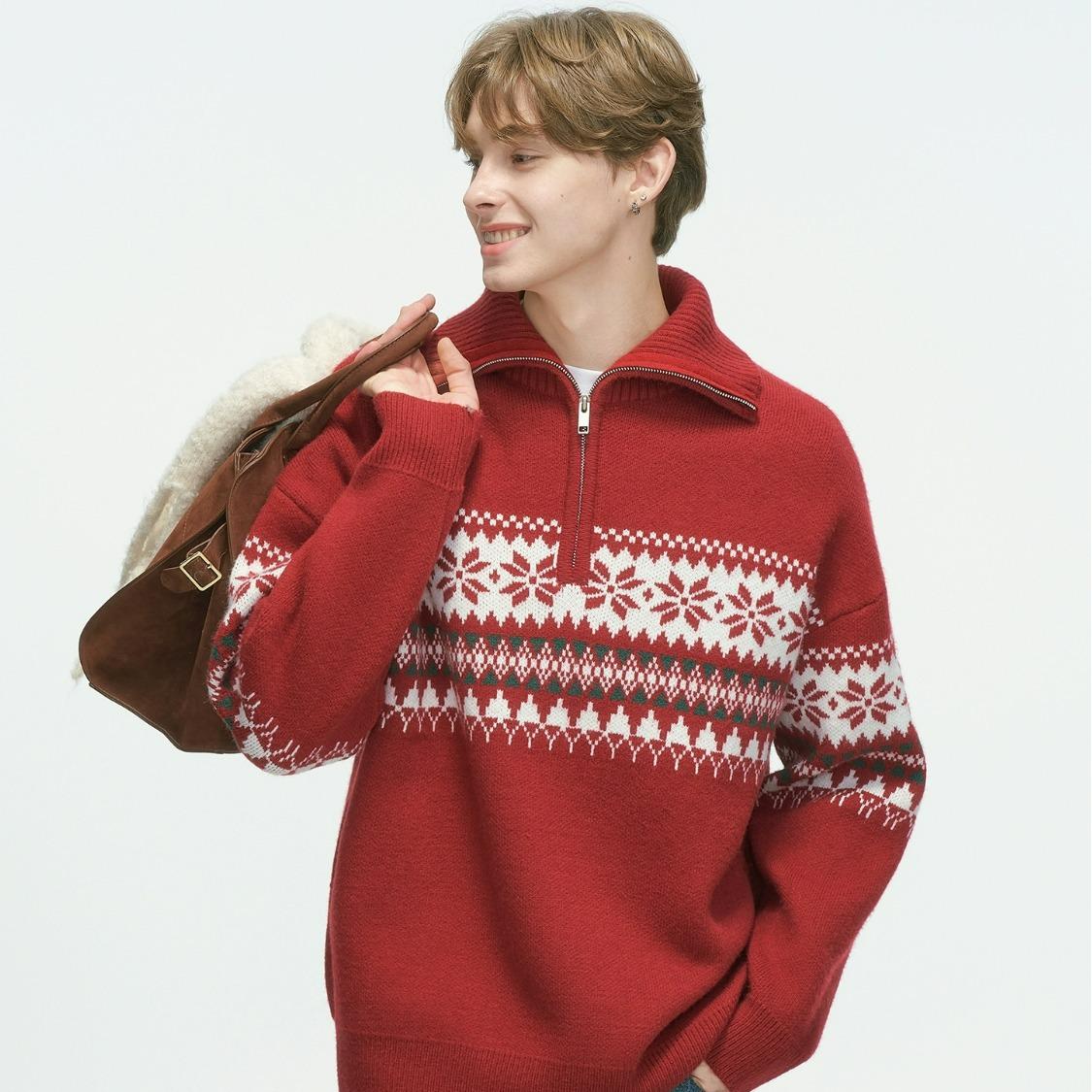 

Unisex Retro Fair Isle Red Half-Zip Sweater: Autumn/Winter Knit Pullover XL червоний
