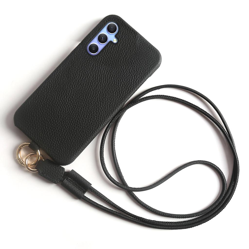 For Samsung Galaxy A34 5G Case with Lanyard Genuine Cow Leather PC Phone Back Cover