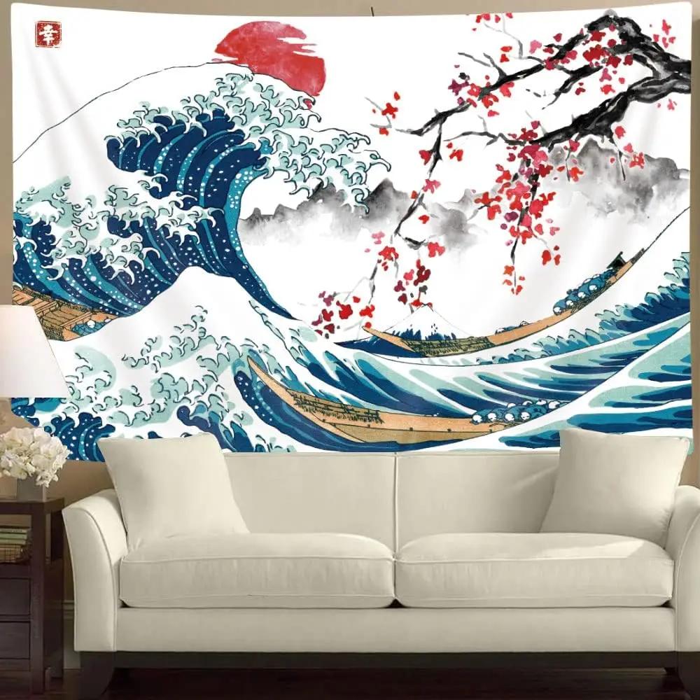 Pink Japanese Tapestry Cool Ocean Wave Wall Tapestry Asian Anime Mountain Red Sun Cherry Blossom Decorations Tapestry