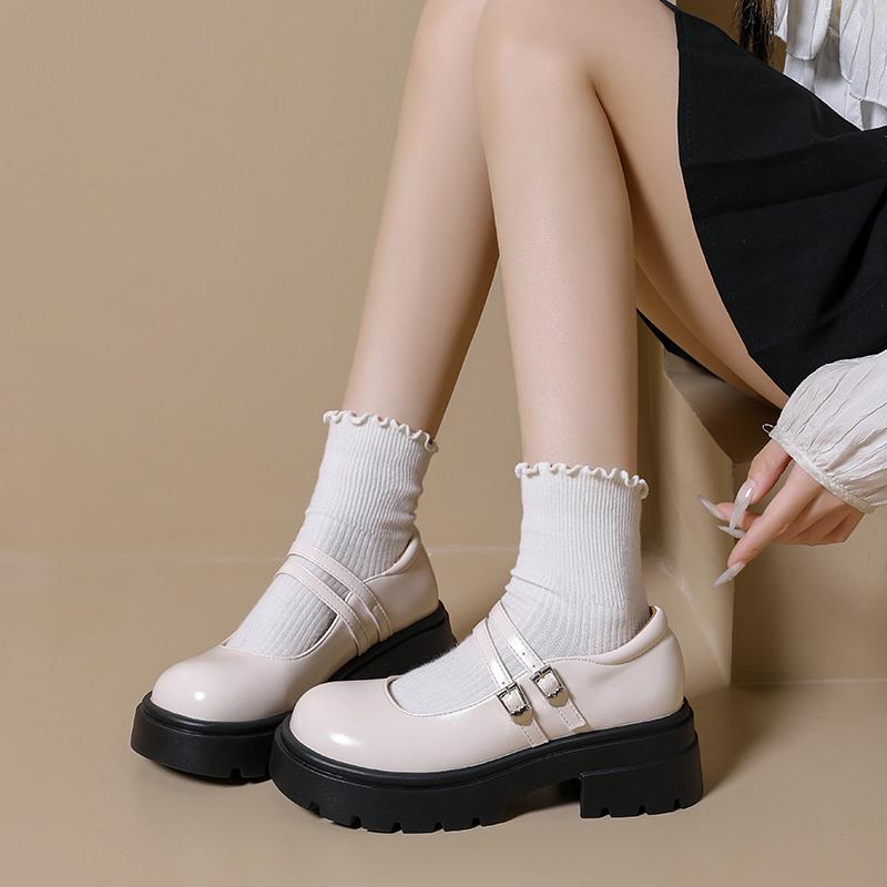 Platform Mary Jane Shoes Women's New Round Toe Shallow Mouth British Style Block Heel Small Leather Shoes