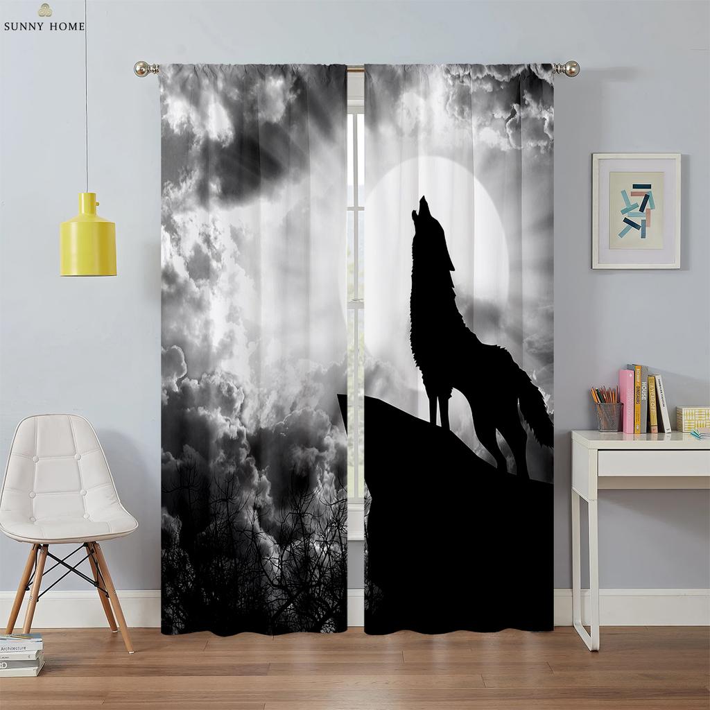 Wolf Under The Stars Animal Print Curtains Bedroom Living Room Balcony Outdoor Decoration Curtains Home Decoration 2 Pieces