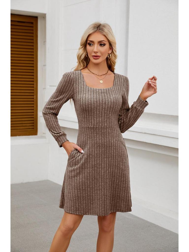 2025 Women's Square Neck Pocket Knit Sweater Dress - Long Sleeve Casual Fashion