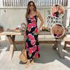 TikTok Summer New Retro Vacation Style Long Dress Floral Print Suspender F Halter Dress