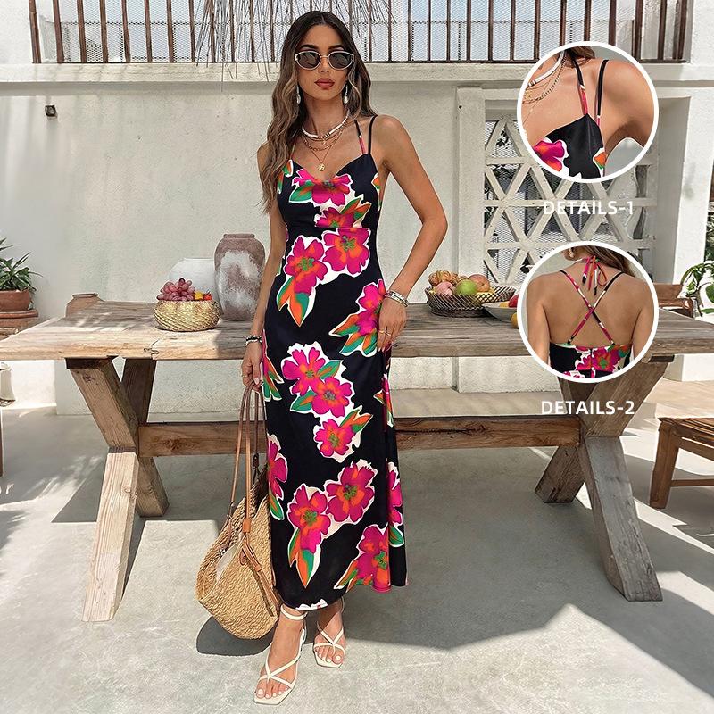 TikTok Summer New Retro Vacation Style Long Dress Floral Print Suspender F Halter Dress