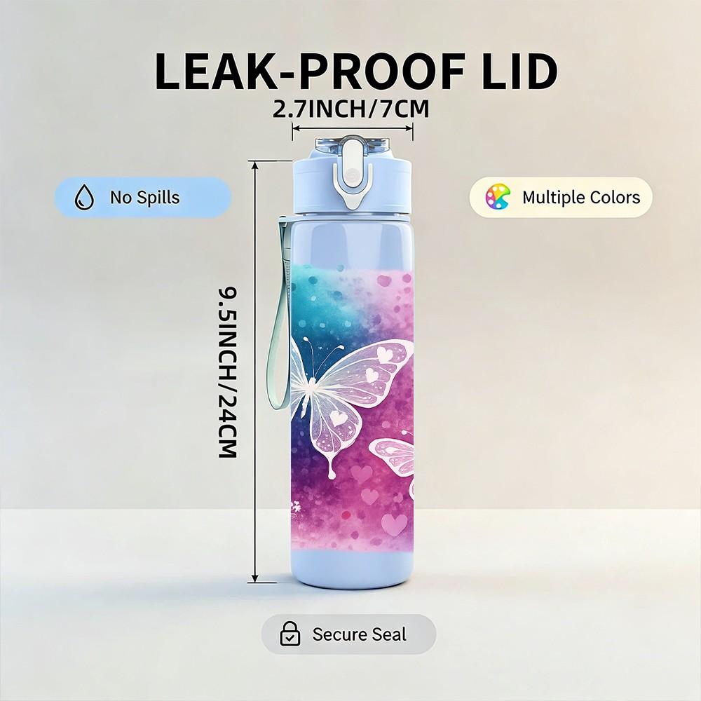1PC Glitter Pastel Butterfly Magic Print 750ml Color Plastic Sports Water Bottle Leakproof Flip Straw Lid Suitable for Sports Office Home Use