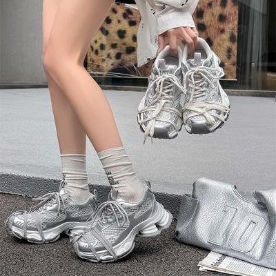 Scarpe platform Lin Yun papà da donna nuove in rete versatili con rialzo argentate casual sportive