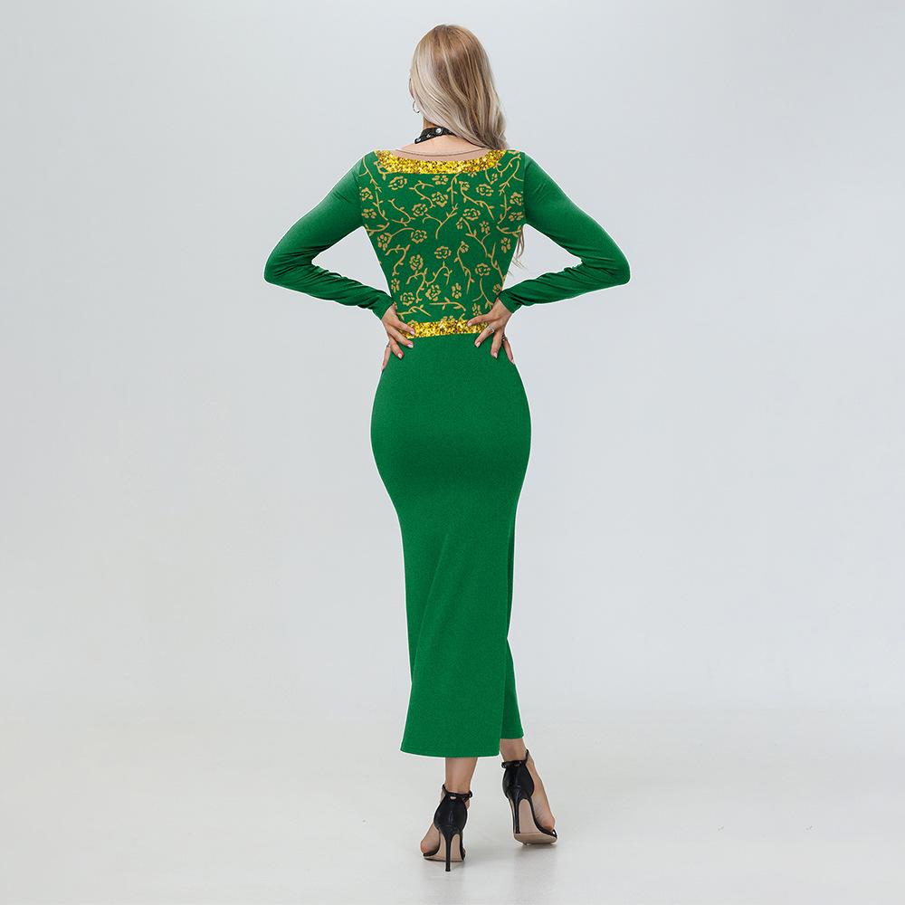 Herfst Winter Cosplay Halloween Dameskleding Pailletten Maxi Jurken Persoonlijkheid Groene Bloemenprint Lange Mouwen Jurk voor Vrouwen Rok Kerst