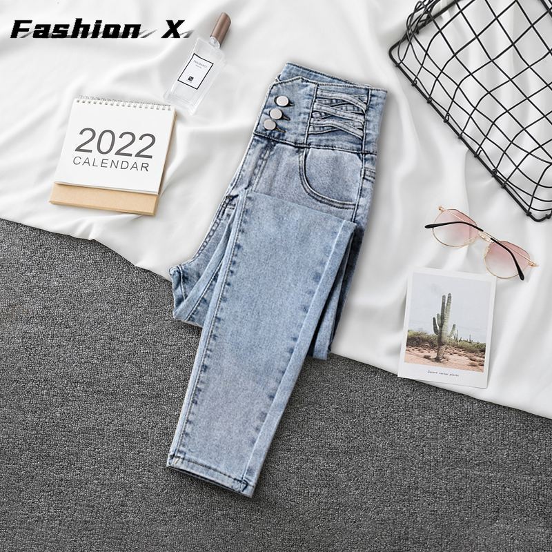 מכנסי ג'ינס אביביים בג'ינס קז'ואל מותניים גבוהים מכנסי קז'ואל לנשים