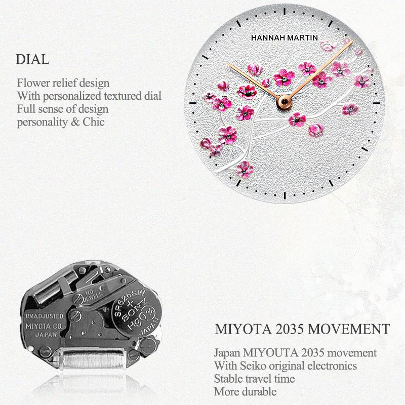 Hannah Martin Damen Luxus Neue 3D Kirschblüte Serie Stahl Gürtel Wasserdicht Quarz Damen Uhr Romantische Kirschblüte Uhr Frauen