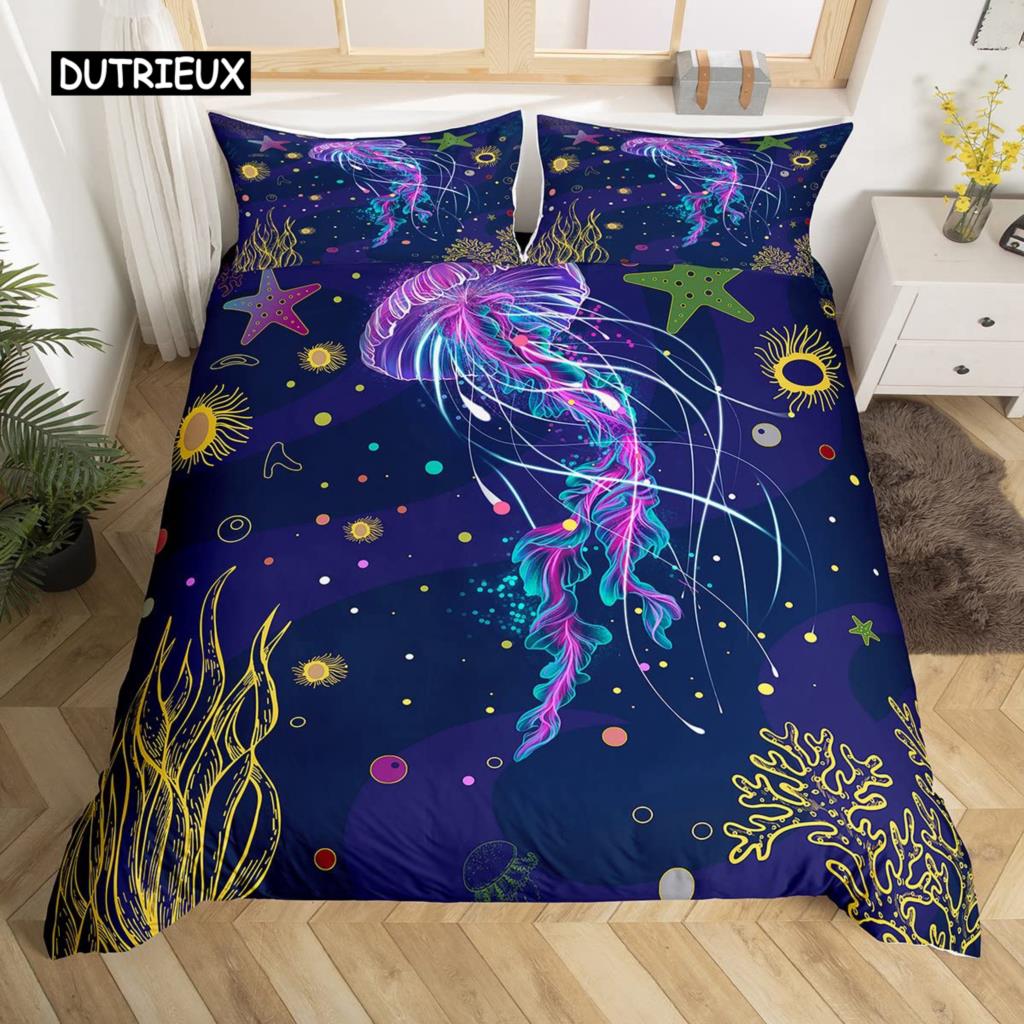 Σετ Παπλωματοθήκης Μέδουσας Μωβ Γαλαξίας Φωτεινό Σετ Κλινοσκεπασμάτων Μέδουσας Σύμπαν και Θαλάσσια Πλάσματα 2/3 τεμ. Κάλυμμα Πάπλωμα για Παιδιά