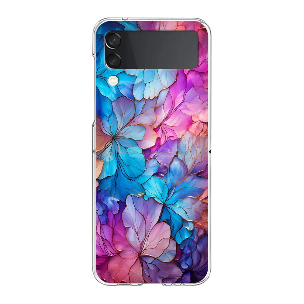 Phone Case For Samsung Galaxy Z Flip 3 4 5 Hard Folding Clear PC Bumper Beauty Flowers Leaves For Samsung Z Flip 6 Back Cover