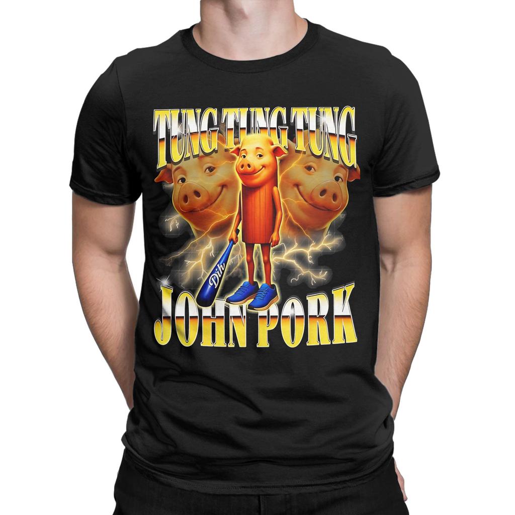 Unisexs Tung Tung Tung Sahur John Pork And Neegy Funny Meme Tshirts Cotton Clothes Summer Shortsleeve O Neck Loose Tshirt