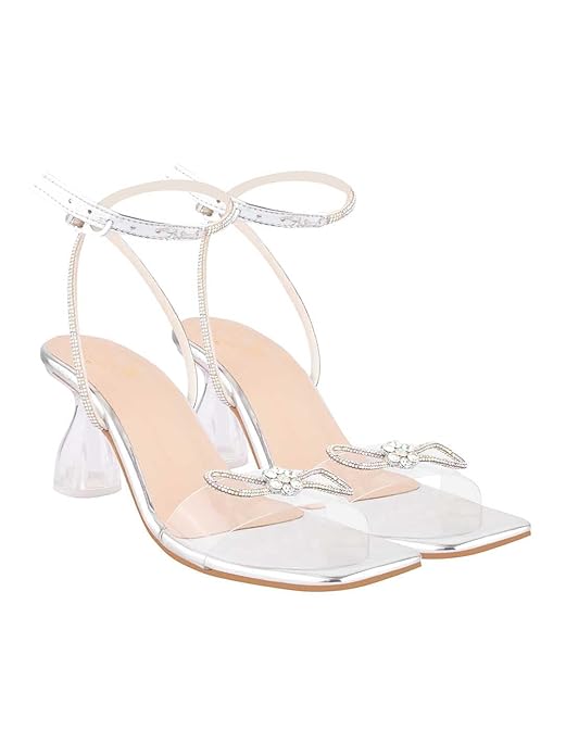 Женские прозрачные босоножки на блочном каблуке Shoetopia | Стильные вечерние туфли с ремешком на щиколотке и бантом со стразами EU37 : 22CM серебряный