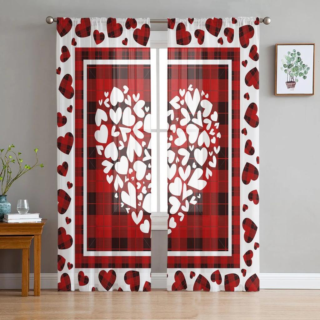 Valentýnské Srdce Textura Kostkované Tylové Záclony Do Obývacího Pokoje Průsvitná Záclona Do Ložnice Kuchyňské Žaluzie Voálové Záclony