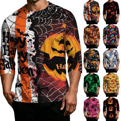 Men's Casual Halloween Printed Crew Neck T-Shirt Three Quarter Sleeve Top Lightweight Comfortable Fit for Everyday Wear