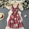 Holiday Style Print Suspender Skirt Women's Summer New Waist and Thin French Chiffon Floral Dress