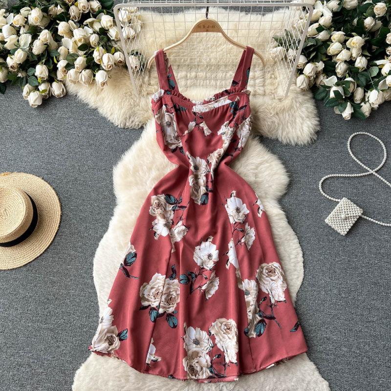 Holiday Style Print Suspender Skirt Women's Summer New Waist and Thin French Chiffon Floral Dress