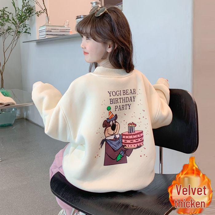 2025 Korean-Style Girls' Cartoon Bear Hoodie: Stylish Autumn/Winter Velvet Top