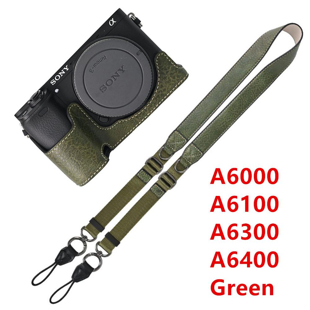 Půl pouzdro na fotoaparát z PU kůže s texturou liči pro Sony A6700 A6400 A6300 A6100 A6000 ZVE10 ZVE10II ZVE10M2 Spodní otevírací kryt s popruhem