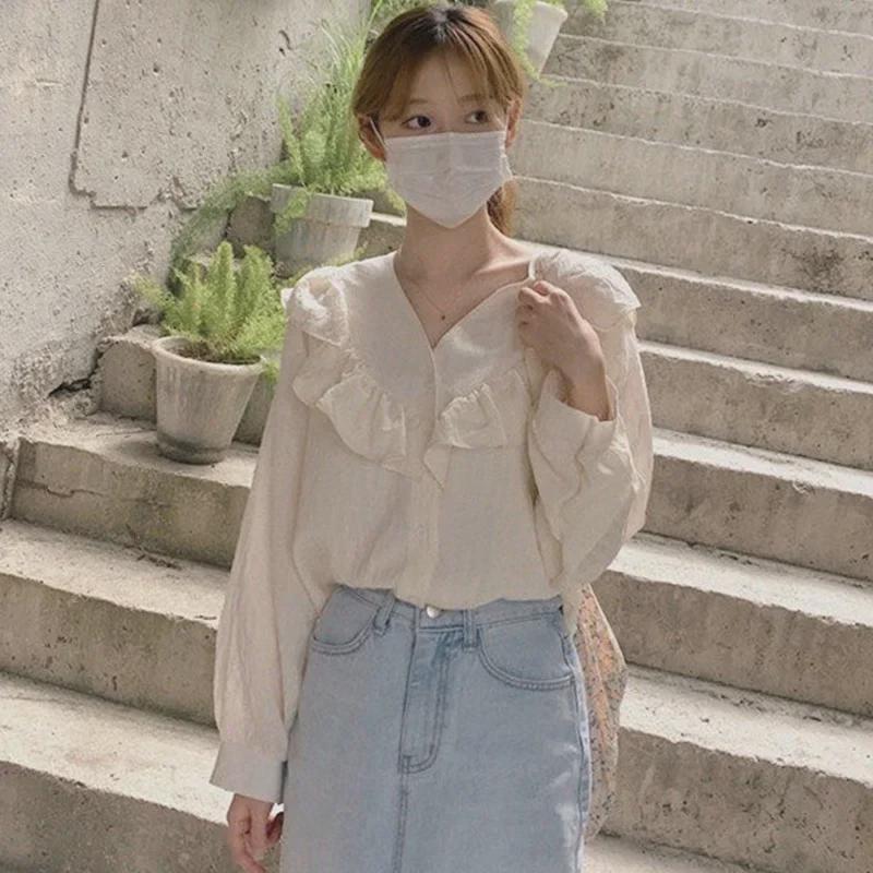 Korean Dongdaemun Women's V-Neck Ruffle Long Sleeve Shirt - 2025 Spring/Autumn Collection