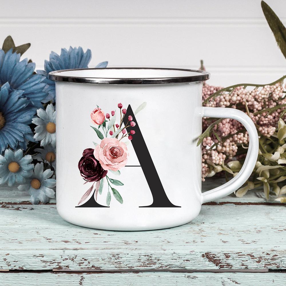 Alphabet Blumen A-Z Vintage Emaille Kaffee Tee Tassen Urlaub Camping Getränke Saft Bier Tassen Zuhause Büro Milch Tasse Geburtstagsgeschenke