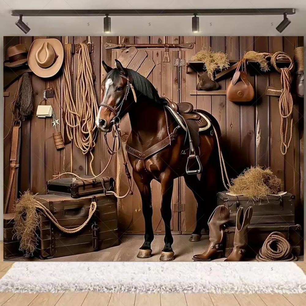 Western Cowboy Photography Backdrop Rustic Farm Barn Haystack Wood House Horse Wheel Background Party Decor Photo Shoot Props