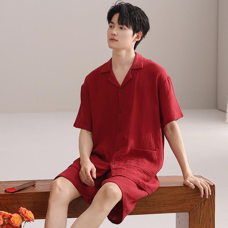 Red Cotton Couple Pajamas Wedding Set 1011 New Short-sleeved Woven Gauze Cotton Loungewear